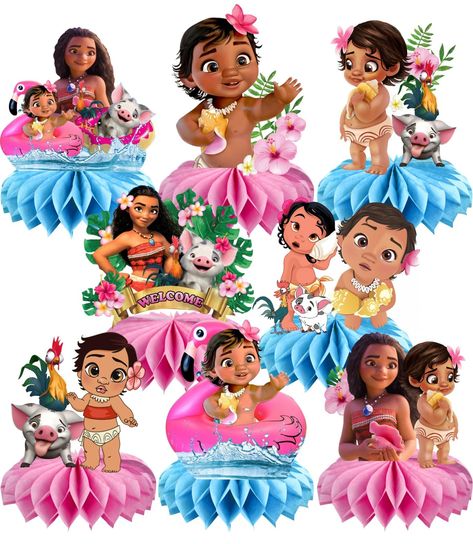 PRICES MAY VARY. These Baby Moana table decorations are made of high-quality cards, high-definition printing, with patterns on both sides. They are durable, lightweight, and no fading. Just take a short time to set up according to the picture. Tear off the sticker of the honeycomb ball and stick the card. Then you can enjoy the happy party atmosphere. Baby Moana honeycomb centerpiecesdecorations are suitable for children's parties, family gatherings, school recreational activities, or other deco Moana 1st Birthday Party Ideas, Moana Pinata, Moana First Birthday Party, Baby Moana Birthday Party, Moana Birthday Party Ideas, Honeycomb Table, Baby Moana, Moana Birthday Party, Moana Birthday