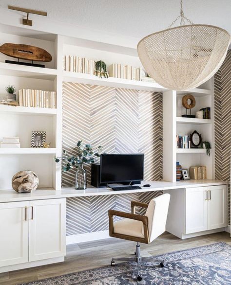 Home Office With Built In Desk, Desk In Wall, Desk Built Into Wall, Office Cabinets Ideas, Coastal Home Office, Home Office Wallpaper, Home Office And Living Room, Vegas House, Coastal Office