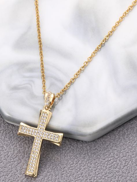 Cross Gold Necklace, Collares Aesthetic, Cross Charm Necklace, Cross Gold, Mens Fashion Jewelry, Mens Gold Jewelry, Rhinestone Cross, Cross Chain, Gold Cross Pendant