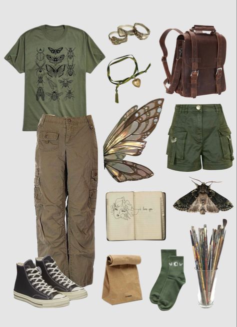 Erincore Outfits, Goblin Core Shirt, Crowcore Summer Outfits, Clothing Combos Outfit Ideas, Earthy Grunge Outfits Masc, Forestpunk Outfits, Grunge Earthy Outfits, Paleontology Aesthetic Outfit, Cryptid Hunter Aesthetic Outfit