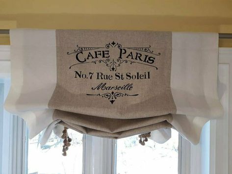 Custom Made Large French Country "CAFE PARIS" Script Linen Curtain #ItalianartStudios #FrenchCountry French Country Curtains, Country Valances, Country Cafe, Linen Valances, Burlap Valance, French Country Collections, Cafe Paris, Bay Window Curtains, Teaching Drawing