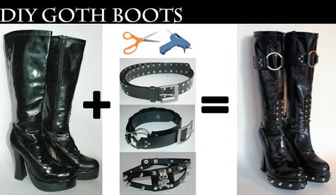 Upcycled Boots Diy, Making Shoes Diy, Punk Boots Diy, Goth Diy Clothes Tutorials, Punk Shoes Diy, Goth Diy Ideas, Goth Clothing Diy, Goth Upcycle, Punk Diy Ideas