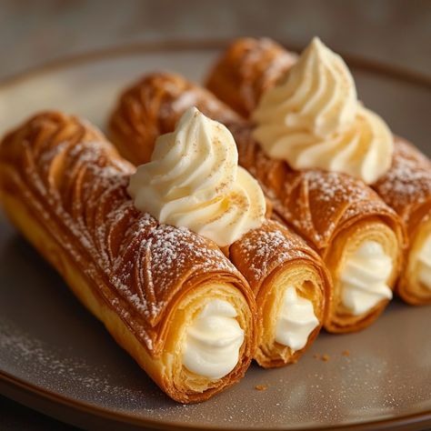 Puff Pastry Cones with Custard: A Crunchy and Creamy Delight Ingredients for the puff pastry: - 1 ready-to-use puff pastry Ingredients for the pastry cream: - 500 ml of milk - 100 g of sugar - 4 egg yolks - 50 g cornstarch - 1 vanilla pod (or 1 teaspoon of vanilla extract) - 50 g of butter Preparation : 1. Preheat your oven to 200°C (thermostat 6-7). Spread the puff pastry on a lightly floured work surface. Cut strips of dough approximately 3 cm wide. 2. Wrap each dough strip around pastry c... Cream Puff Decorating Ideas, Puff Pastry Aesthetic, Pastry Ideas Baking, Puff Pastry Cones, Custard Puff Pastry, Aesthetic Pastries, Beautiful Pastries, Creme Puffs, Beige Food