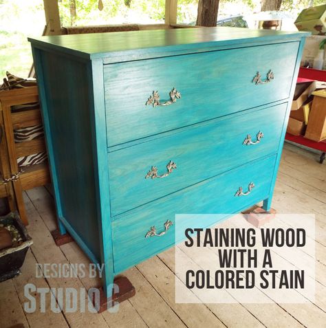 Tips for Staining Wood with Colored Stain Have you tried a colored stain? I know, generally stains come in colors such as oak, mahogany, cherry, etc. but what I'm talking about are the stains with ... Interior Wood Stain Colors, Blue Wood Stain, Seating Nook, Furniture Remodeling, Staining Furniture, Inspired Furniture, Studio C, Furniture Refinishing, Funky Furniture