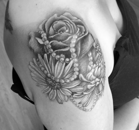 Flowers and pearls. Black and white tattoo. Floral Tattoo With Pearls, Flowers And Pearls Tattoo, Pearl Necklace Tattoo Ideas, Tattoos With Pearls, Pearl Necklace Tattoo, Pearls Tattoo, Pearl Tattoo, Black And White Tattoo, Necklace Tattoo