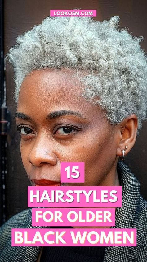 Discover the elegance and grace of 15 stunning hairstyles curated especially for older Black women! Say goodbye to styling struggles and embrace effortless beauty with these timeless looks. Ready to elevate your hair game? Click the pin and join us for more inspiration! #BlackWomenHair #AgelessBeauty #HairstyleInspiration #EffortlessElegance #FollowUs Short Afro Grey Hairstyles, Older Black Woman Short Natural Hair, Short Grey Hair For Black Women, African American Wigs For Older Women, Natural Short Grey Hair For Black Women, Short Natural Hairstyles For Older Black Women Gray Hair, Natural Gray Hairstyles For Black Women, Gray Hair Cornrows, Short Hair Styles For Black Women Over 50