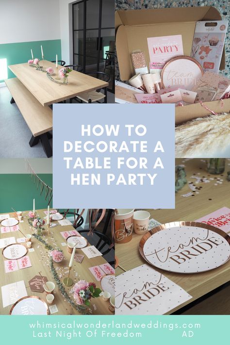 Discover how to transform your table with a hen party table decor box kit! Check out the how-to with before and after shots, on the blog. #hendo #henparty Hen Party Table Decorations, Hen Do Table Decorations, Hen Party Table, Hen Party Decorations, Diy Dinner, Party Table Decor, Table Place Settings, Accessory Ideas, Table Confetti