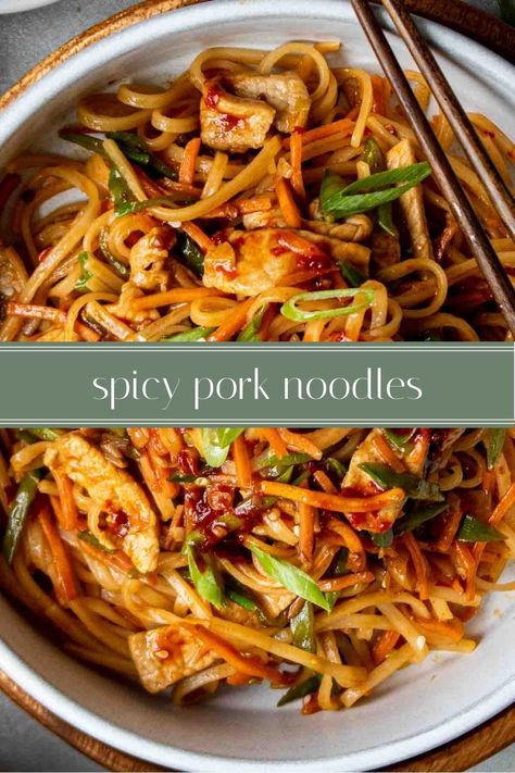 Spicy Asian Pork Recipes, Pork Noodle Stir Fry Recipes, Asian Dishes With Pork, Pork Rice Noodles, Pork Egg Noodles Recipe, Korean Pork Noodles, Spicy Ground Pork Ramen, Chinese Noodle Bowl Recipes, Spicy Pork Noodles Recipe