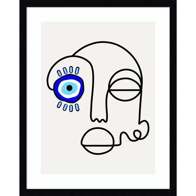 AllModern This funky portrait features a face composed of a continuous black line that winds and weaves. The person in the picture has one eye closed, and the other open with concentric rings of blue and light blue eyelashes, presumably to keep a watch out for malevolence. Size: 25.38" H x 20.38" W x 0.875" D, Format: Noir Black Framed Blue Eyelashes, Evil Eye Design, Small Framed Art, No Evil, Artist Bio, One Eye, Black Line, Madison Wi, Frame Shop