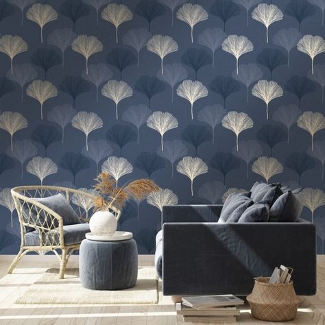 Gingko Wallpaper, Living Room Wallpaper Texture, Blue Wallpaper Living Room, Room Wallpaper Designs, I Love Wallpaper, Textures Murales, Living Room Wallpaper, Hall Ideas, Wall Texture Design