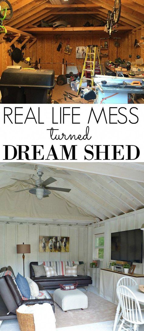 Turning our real life mess into our Dream Shed Makeover! Click the photo to see tons of photos and all of the project details. #gardenshed Shed Makeover Interior, Shed Makeover, She Shed Plans, Pool Shed, Shed Interior, House Shed, Diy Shed Plans, Shed Kits, Shed Plan