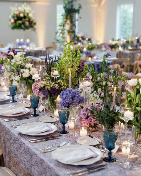 Carolina Grove (@carolinagroveweddings) • Instagram photos and videos Simple Purple Wedding Decor, Dreamy Wedding Reception, Lavender Wedding Decorations, Table Ideas Wedding, Linens For Wedding, Tablescapes Wedding, Wedding Table Ideas, Napkin Wedding, Elegant Wedding Decor