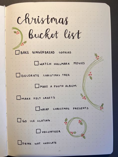 Christmas Journal Page Ideas, December Journal Page, Christmas Bullet Journal Pages, Journaling Christmas Ideas, Christmas Bucket List Bullet Journal, Christmas Bucket List Aesthetic, Bullet Journal Decembre, Bullet Journal Christmas Gift List, Christmas List Bullet Journal