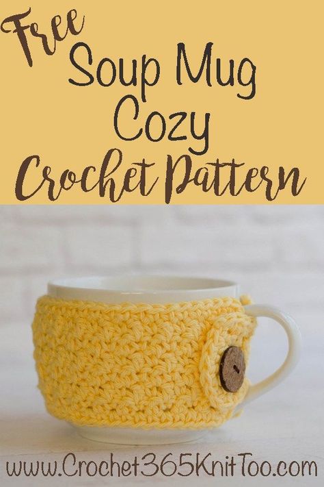 Loving this Lemon Peel Soup Mug Cozy.  So cute! Mug Cozy Pattern, Mug Cover, Crochet Mug Cozy, Crochet Mug, Crochet Phone Cases, Crochet Cup Cozy, Crochet Mobile, Cozy Crochet Patterns, Crochet Cozy