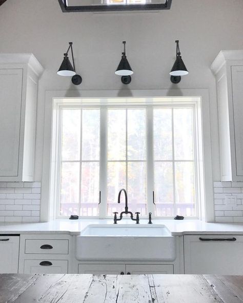 task lighting over sink Over Kitchen Sink Lighting, Neutral Kitchen Designs, Over Kitchen Sink, Kitchen Sink Lighting, Modern Country Kitchens, Best Kitchen Sinks, Sink Lights, Neutral Kitchen, Over Sink