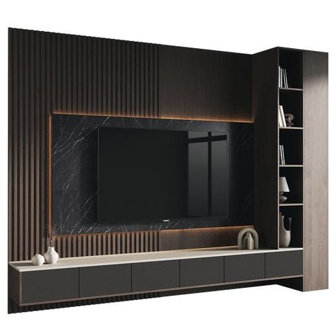 tv wall 025 Tv Wall Inspiration, Tv Grande, Tiny Luxury, Wood Tv Unit, Backdrop Tv, Tv Unit Design Modern, Tv Rack, Modern Tv Wall, Dark Blue Wallpaper