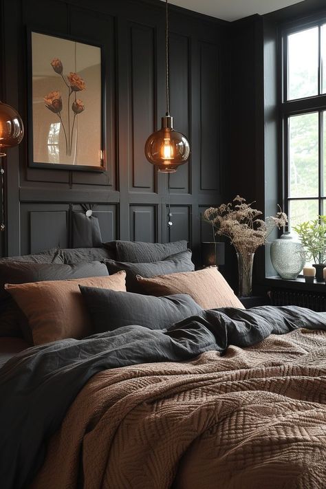 Chocolate bedroom ideas home bedroom refresh Chocolate brown bedrooms Male bedroom ideas Beige and brown bedroom ideas Grey Headboard Green Walls, Moody Bedroom Headboard, Dark Grey And Black Bedroom, Moody Cabin Bedroom, Dark Moody Home Aesthetic, Moody Black Bedroom, Black And Emerald Bedroom, Black Moody Bedroom, Black Bedding Aesthetic