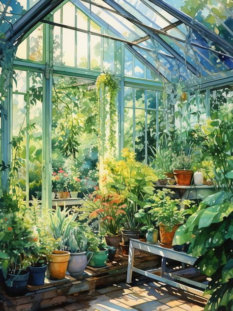 Lofi art - Zicxa Photos Anime Greenhouse Background, Pixel Plants Art, Overgrown Garden Drawing, Plant Shop Illustration, Green House Painting, Glasshouse Illustration, Greenhouse Concept Art, Watercolor Greenhouse, Fineliner Doodles