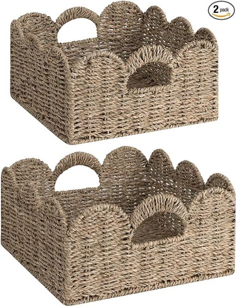 Amazon.com: StorageWorks Wicker Storage Baskets, Hand-Woven Basket for Shelves, Scalloped Edge Basket with Handle, Natural Seagrass Organizing, Set of 2 : Baby Amazon Pillow, Nursery Basket, Wicker Storage Baskets, Nursery Baskets, Baskets For Shelves, Seagrass Storage Baskets, Wicker Storage, Basket With Handle, Wicker Baskets Storage