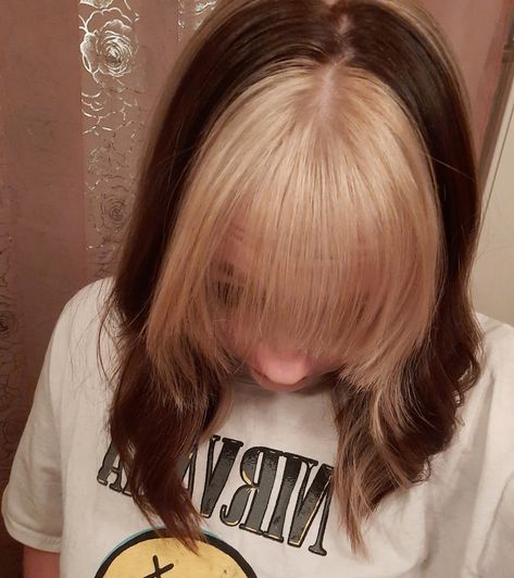 Bleach Bangs Short Hair, Blonde Bangs Dark Hair Short, Light Brown Hair With Blonde Bangs, Brown And Blonde Hair Aesthetic, Blond Bangs Brown Hair, Dark Brown Hair With Blonde Bangs, Blonde Fringe Brown Hair, Brown Hair And Blonde Bangs, Brown Hair With Blonde Fringe