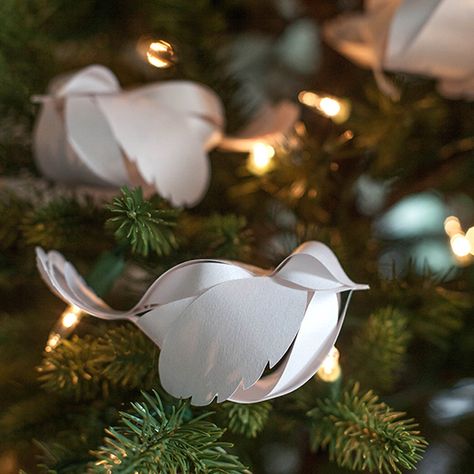 This year we are making a mini version of the paper birds for our Woodland Holiday tree and they are just too precious. Watch this video to make your own. White Winter Decorations, Paper Birds Diy, Jul Diy, Paper Christmas Decorations, Paper Birds, Navidad Diy, Paper Ornaments, Bird Ornaments, Diy Holiday Decor