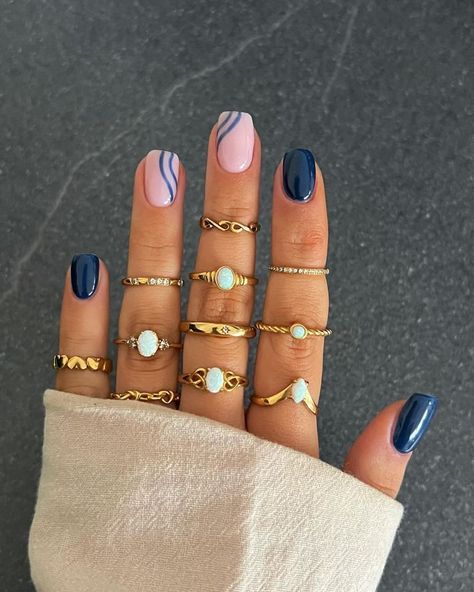 Get inspired for your next winter manicure with these 46 beautiful blue nail designs. From icy blues to deep navy shades, these winter nails will give you plenty of ideas for your next trip to the nail salon. Navy Nails, Kutek Disney, Navy Blue Nails, Milky Nails, September Nails, Short Gel Nails, Cute Simple Nails, Short Square Nails, Smink Inspiration