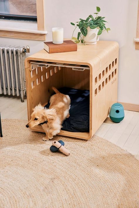 modern minimalist dog crate furniture, + mini long-haired dachshund Crate Side Table, Indoor Dog House, Wooden Dog Crate, Dog Anatomy, Dog Crate Furniture, Pet Gear, Indoor Dog, Pet Crate, Modern Dog