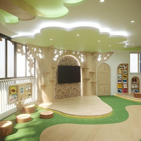 Classroom Forest Theme, Kindergarten Interior Design, Daycare Interior Design, Space Kindergarten, Indoor Playground Design, Space Layout, Kindergarten Interior, Preschool Designs, Classroom Interior