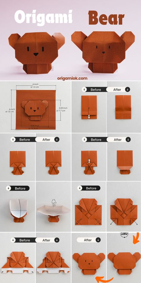 Want to make a lovely bear out of the paper? We present this cute origami model. With this tutorial, you can make a lovely origami bear with two round ears and a fat cute face. How To Make Cute Origami, Bunny Origami Tutorial, Bear Origami Easy, Origami Cute Animals, How To Make Cute Things, Cute Origami Step By Step, Cute Origami Gifts, Origami Instructions Step By Step, Cute Origami Easy