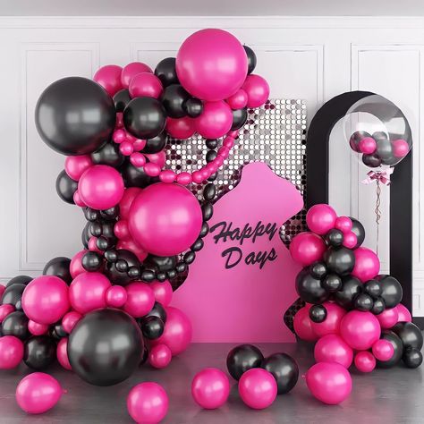 Black Balloon Arch, Pink Birthday Decorations, Hot Pink Birthday, Deco Ballon, Black Balloon, Pink Party Decorations, Balloon Chain, Pink Birthday Party, Round Balloons