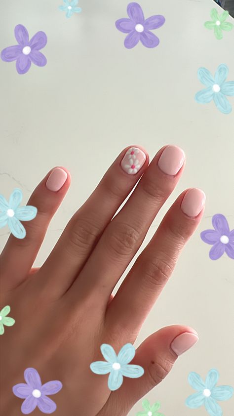 Cute Short Nails Ideas Simple Pastel, Cute Nail Designs For Short Nails Not Acrylic, Short Pink French Tip Nails With Flowers, Cute Nails For Little Kids, Short Nail Ideas Flowers, Pink Nails With Flower On Ring Finger, Simple Short Natural Nails, Cute Pink Nails Simple, Cute Nails For 10-12 Short