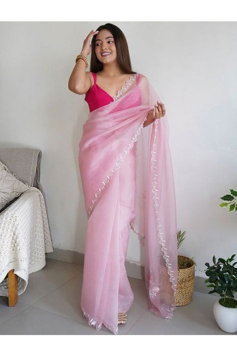 Pink Organza Party Wear Saree Organza Saree Makeup Look, Light Pink Saree, Pink Organza Saree, Baby Pink Saree, Simple Saree Designs, Fashionable Saree Blouse Designs, Fancy Sarees Party Wear, Saree For Women, Saree Designs Party Wear