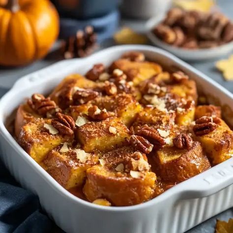 Pumpkin French Toast Casserole is the perfect make-ahead breakfast! Warm spices and creamy pumpkin make this a family favorite. Try it now! Baked Pumpkin French Toast Casserole, Pumpkin French Toast Bake Overnight, Pumpkin Spice French Toast Casserole, Pumpkin Brioche French Toast, Bagel French Toast, Pumpkin French Toast Bake, Pumpkin French Toast Casserole, French Toast Bake Overnight, Brioche French Toast