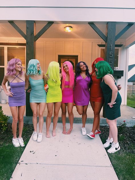 Colored Wig Party, Bachelorette Party Wigs, 2023 Bachelorette, Sparkle Bachelorette Party, Coloured Wigs, Bachelorette Outfit Themes, Outfit Themes, Bachelorette Matching, Bachelorette Party Funny