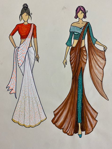 Sari Illustration Sketch, Saree Drawing Illustration, Saree Sketches Fashion Illustration, Indo Western Illustration, Indo Western Dress Illustration, Saree Fashion Illustration, Saree Drawing, Dress Sketching, Saree Illustration