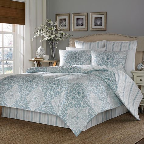 Stone Cottage Valencia 4 Piece Comforter Set | from hayneedle.com White And Blue Bedding, Country Bedding Sets, French Country Bedding, Country Bedding, Cottage Bed, Elegant Pillow, Reversible Bedding, Reversible Duvet Covers, Stone Cottage