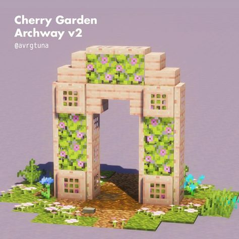 Minecraft House Garden Ideas, Garden Builds Minecraft, Minecraft Houses Design Ideas, Japanese Archway Minecraft, Minecraft Flower Archway, Cute Garden Minecraft, Arch In Minecraft, Minecraft Cherry Nether Portal, Cute Minecraft Archway