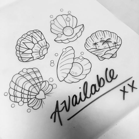 Mermaid shell tattoo flash sheet Floral Seashell Tattoo, Cute Shell Tattoo, Sea Shell Tattoo Design, Mermaid Shell Tattoo, Traditional Seashell Tattoo, Traditional Shell Tattoo, Sea Shells Tattoo, Shell Tattoo Design, Shells Tattoo