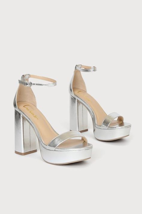 Silver Strap Heels, Winter Formal Heels, Cute Honeymoon Outfits, Honeymoon Dresses, Hoco Heels, Platform Ankle Strap Heels, Silver Heels Prom, Silver Platform Heels, Graduation Shoes