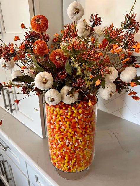 Living on Cloud Nine: BEAUTIFUL CANDY CORN CENTERPIECE Corn Centerpiece, Thanksgiving Flower Arrangements, Candy Corn Decor, Corn Decor, Thanksgiving Floral Arrangements, Halloween Floral Arrangements, Candy Corn Decorations, Thanksgiving Floral, Thanksgiving Flowers