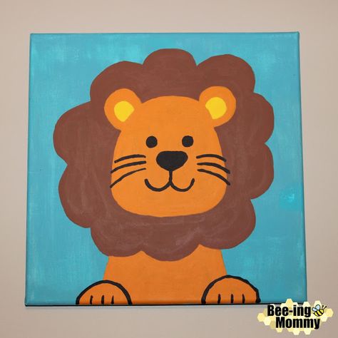 DIY Lion painting wall decor for a nursery Easy Canvas Painting Animals, Cartoon Animal Paintings On Canvas, Canvas Painting For Nursery, Lion Easy Painting, Diy Nursery Painting Canvases, Lion Canvas Painting Easy, Funny Animal Paintings Easy, Lion Painting For Kids, Easy Animals To Paint