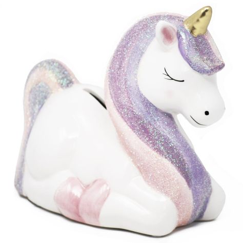 PRICES MAY VARY. This Unicorn piggy bank stands 7.5 inches tall and features a glitter mane and tail and gold horn. Our piggy banks for kids are made of high-quality ceramic dolomite, hand-painted, and glazed for a smooth finish. A 1.5 inch coin slot on the unicorn's back and a removable rubber stopper at the bottom. A classic keepsake that will be treasured for years to come as your little ones fill up this special piggy bank with their coins. The perfect addition to any baby nursery or kids ro Unicorn Piggy Bank, Ceramic Unicorn, Bank For Kids, Unicorn Painting, Cute Furniture, Gold Horns, Kids Money, Purple Unicorn, Cute Piggies