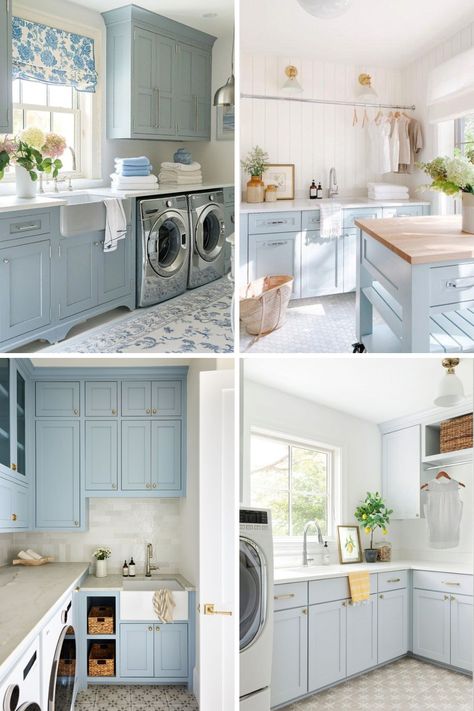 15 Pretty Light Blue Laundry Room Ideas - Nikki's Plate Grandmillennial Laundry Room, Light Blue Laundry Room Cabinets, Blue Laundry Room Ideas, Blue And White Laundry Room, Light Blue Laundry Room, Laundry Room Color Ideas, Coastal Laundry Room, Laundry Room Color, Blue Laundry Room