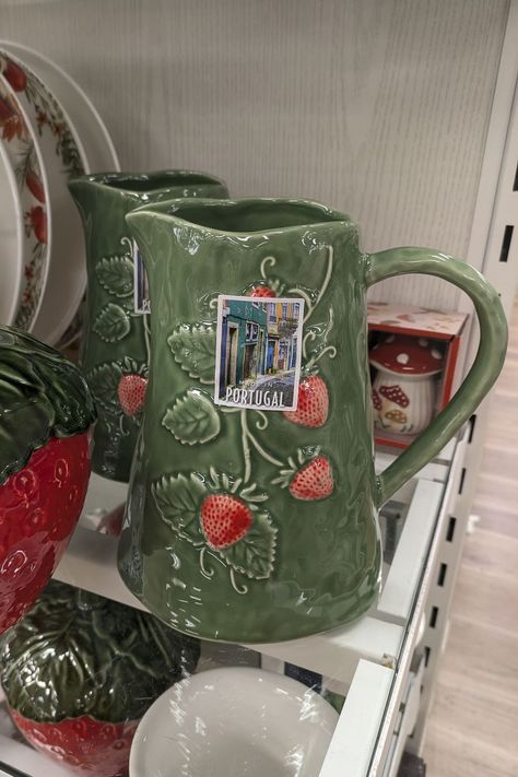 Green pitcher with strawberries on it. Strawberry Pitcher, Strawberry Kitchen Decor, Homegoods Finds, Ceramic Strawberry, Kitchen Supply Store, Strawberry Kitchen, Kitchen Supply, Salmon Potato, Waffle Cookies