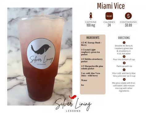 Miami Vice – Silver Lining Lessons Homemade Loaded Tea Recipes, Miami Vice Recipe, Loaded Tea Recipes Diy, Loaded Shakes, Strawberry Pina Colada, Silver Lining Lessons, Tea Mixes, Colada Drinks, Flavored Teas