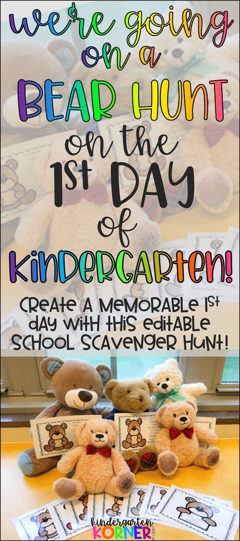 We're Going on a Bear Hunt on the first day of school, and you should too! Read about how I've turned the traditional building tour into a fun and interactive school scavenger hunt that will surely make for a memorable first day for pre-k, kindergarten, or first grade! Editable option included! #backtoschool #backtoschoolideas #beginningoftheyear #bearhunt #scavengerhunt #kindergartenideas #kindergarten #prek #preschool #weregoingonabearhunt Kindergarten First Week, School Scavenger Hunt, Preschool First Day, Going On A Bear Hunt, Beginning Of Kindergarten, Bear Hunt, First Day Activities, First Day Of Kindergarten, Kindergarten Themes