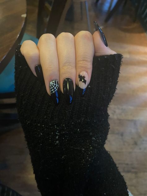 spooky halloween nails i got with a bat and a spiderweb, im obsessed! #goth #bat black nails #black #nails #spiderweb #emo #nails Black Spider Web Nails Coffin, Black Pointy Halloween Nails, How To Do A Spider Web On Nails, Simple Goth Nail Art, Spooky Nails Coffin Shape, Simple Goth Nails Almond, Spooky Goth Nails, Halloween Spiderweb Nails, Cute Bat Nails