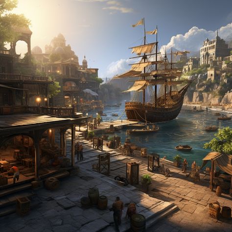 an image of Ivora, a bustling and expansive pirate city-state, characterized by a chaotic yet vibrant atmosphere. The city should be a blend of rugged pirate aesthetics and exotic architecture. Imagine a sprawling harbor filled with various ships, from sleek pirate vessels to large trade galleons. The skyline is dominated by a mixture of weathered stone buildings, wooden shacks, Pirates Of The Caribbean Landscape, Pirate Environment Concept Art, Island City Aesthetic, Ship Dock Concept Art, Dnd Pirate Aesthetic, Fantasy Pirate Town, Fantasy Pirate City, Fantasy Ships Art, Pirate Island Art