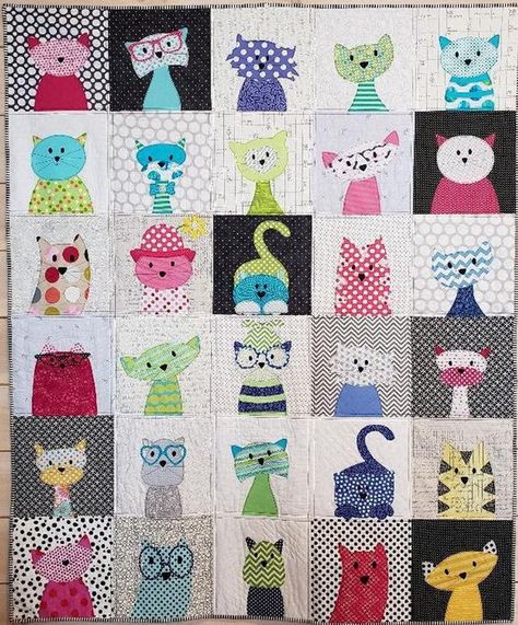 Kitty Quilt Cat Quilt Modern Whimsical Can be Personalized | Etsy Puppy Quilt, Kitty Quilt, Cat Quilt Block, Cat Quilt Patterns, Cat Applique, Basic Quilt, Quilt Modern, Abstract Quilt, Dog Quilts