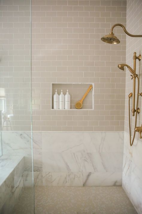 Melodia Remodel — LS Design Studio Tile Arch Bathroom, Roca Tile Bathroom, Shower Panels Wall Ideas Quartz, Primary Bath Inspiration, Bathroom No Tiles On Walls, Mixed Tile Shower Wall, Soldier Stack Tile Bathroom, Shower Tile Farmhouse, European Inspired Bathroom